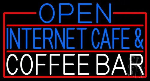 Open Internet Cafe And Coffee Bar With Red Border Neon Sign