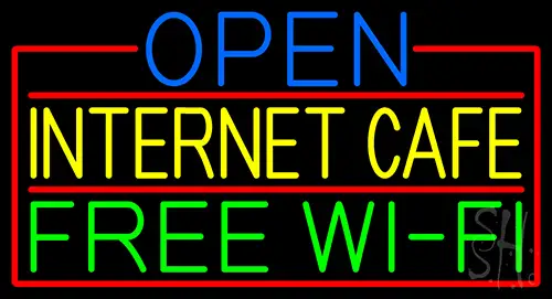 Open Internet Cafe Free Wifi With Red Border Neon Sign