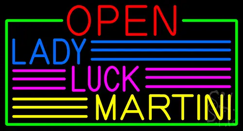 Open Lady Luck Martini With Green Border Neon Sign