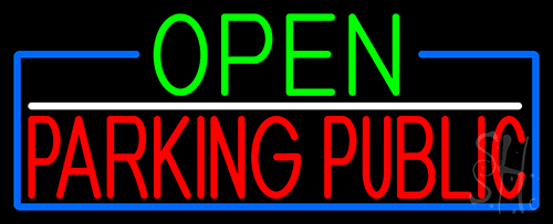 Open Parking Public With Blue Border Neon Sign