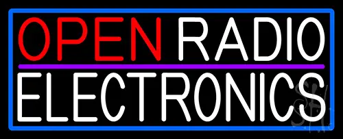 Open Radio Electronics With Blue Border Neon Sign