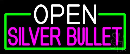 Open Silver Bullet With Green Border Neon Sign