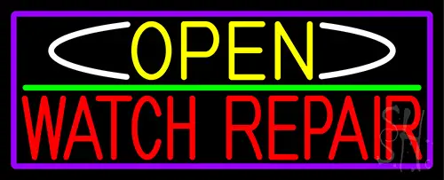 Open Watch Repair With Purple Border Neon Sign