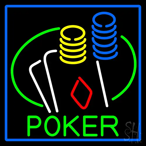 Poker Double Aces Table And Chips With Blue Border Neon Sign