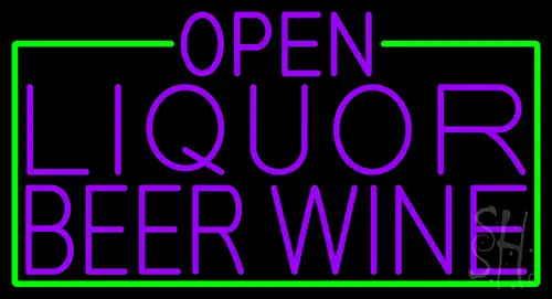 Purple Open Liquor Beer Wine With Green Border Neon Sign