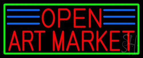 Red Open Art Market With Green Border Neon Sign