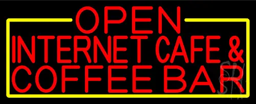 Red Open Internet Cafe And Coffee Bar With Yellow Border Neon Sign