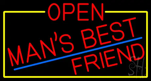 Red Open Mans Best Friend With Yellow Border Neon Sign