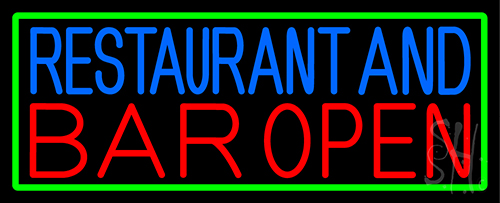 Restaurant And Bar Open With Green Border Neon Sign