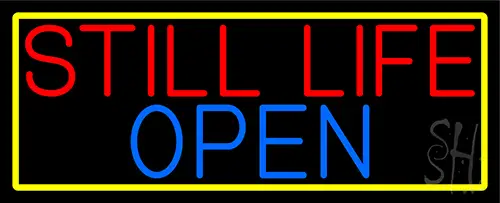 Still Life Open With Yellow Border Neon Sign