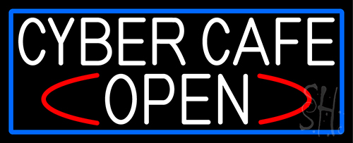 White Cyber Cafe Open With Blue Border Neon Sign