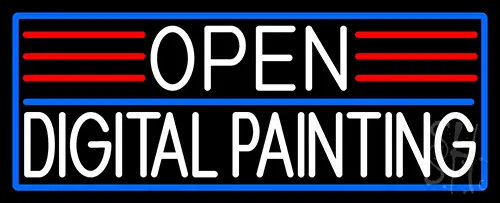 White Open Digital Painting With Blue Border Neon Sign