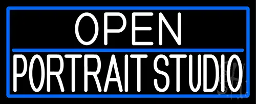 White Open Portrait Studio With Blue Border Neon Sign