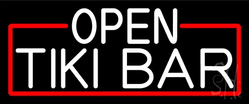 White Open Tiki Bar With Red Border Neon Sign