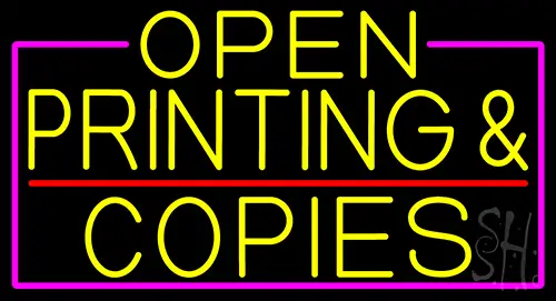 Yellow Open Printing And Copies With Pink Border Neon Sign