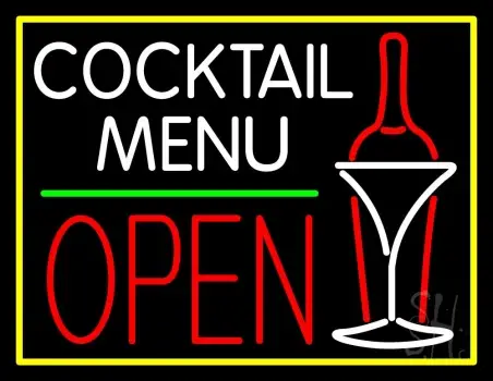 Cocktail Menu With Bottle And Glass Open Neon Sign