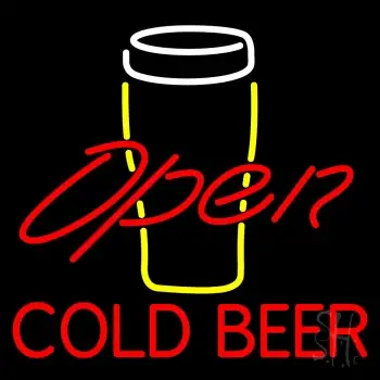 Yellow Glass With Cold Beer Open Neon Sign