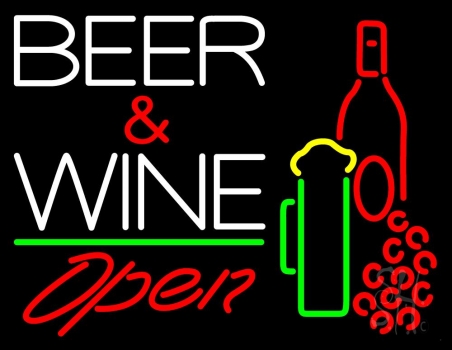 Beer And Wine With Bottle Red Open Neon Sign