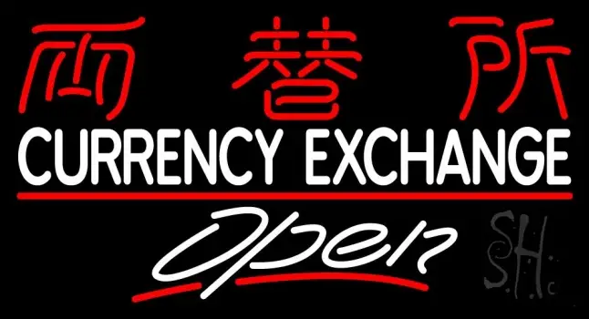 Currency Exchange With Logo Open Neon Sign