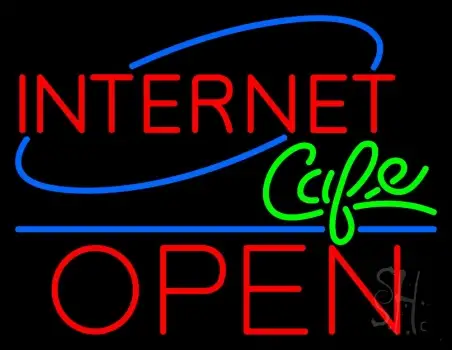 Deco Style Internet Cafe Open Blue Line Neon Sign