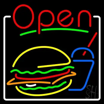 Burger And Drink Open With Border Neon Sign
