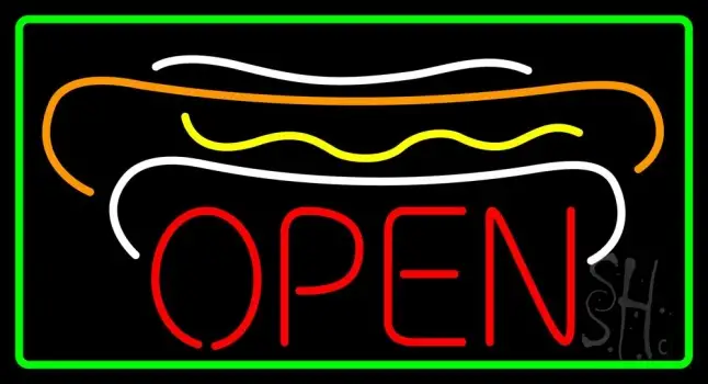 Hot Dogs Open Green Border Neon Sign