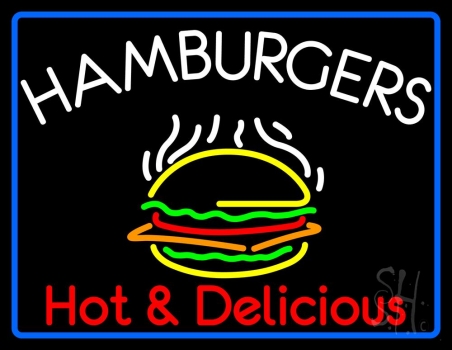Blue Border Hamburgers Hot And Delicious With Border Neon Sign