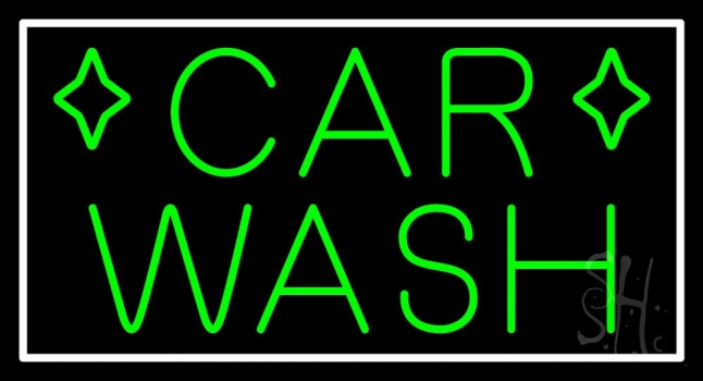 Green Car Wash White Border Neon Sign