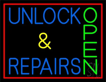 Unlock And Repairs Green Open Red Border Neon Sign