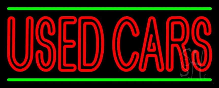 Double Stroke Red Used Cars With Green Line Neon Sign