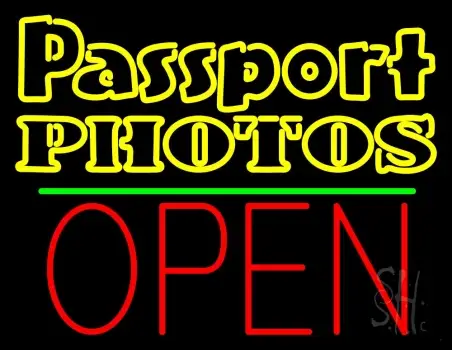 Passport Photos Block With Open 1 Neon Sign