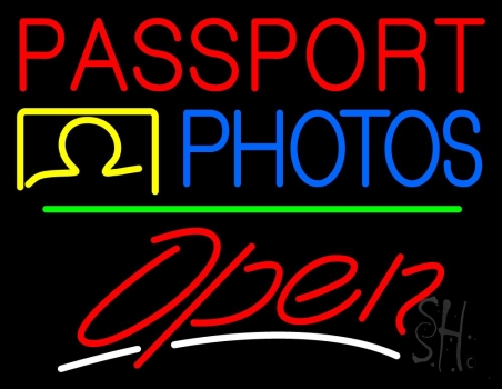 Red Passport Blue Photos With Open 3 Neon Sign