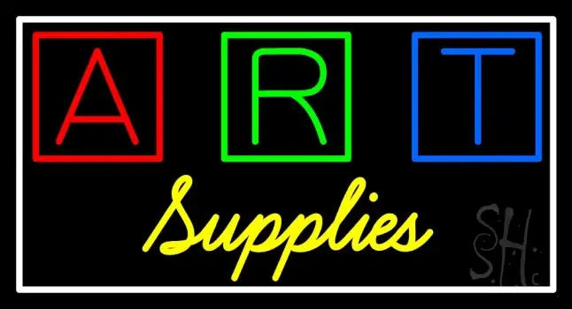 Art Supplies With Three Multi Color Box With Border Neon Sign