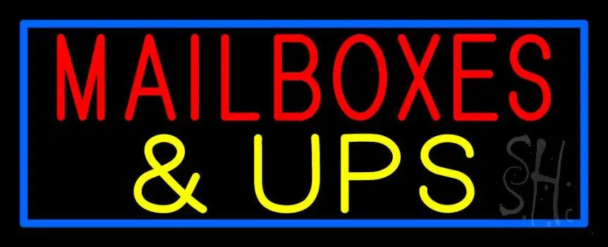 Mailboxes And Ups Block Blue Border Neon Sign