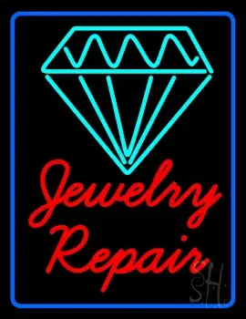 Jewelry Repair Cursive Blue Border Neon Sign