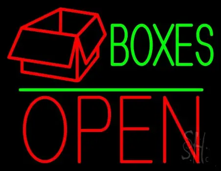 Green Boxes Red Logo With Open 1 Neon Sign