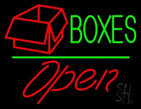Green Boxes Red Logo With Open 2 Neon Sign