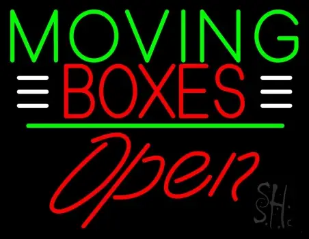 Red Moving Boxes Block Green Line With Open 2 Neon Sign