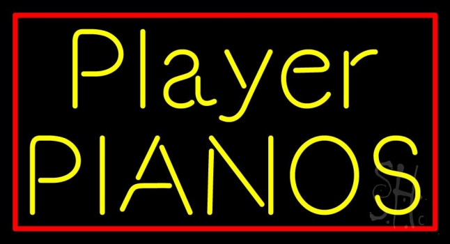 Yellow Player Pianos Block Red Border Neon Sign