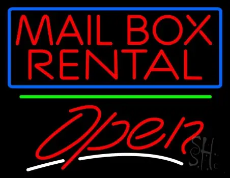Block Mail Box Rental Blue Border With Open 2 Neon Sign