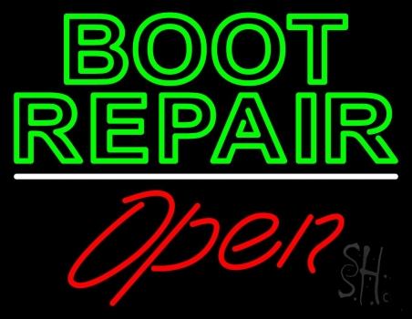 Double Stroke Green Boot Repair Open Neon Sign