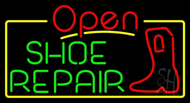 Green Shoe Repair Open With Yellow Border Neon Sign