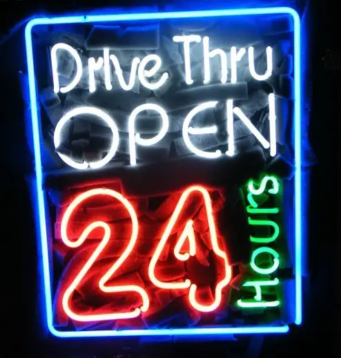 Drive Thru Open 24 Hours Noneon Sign