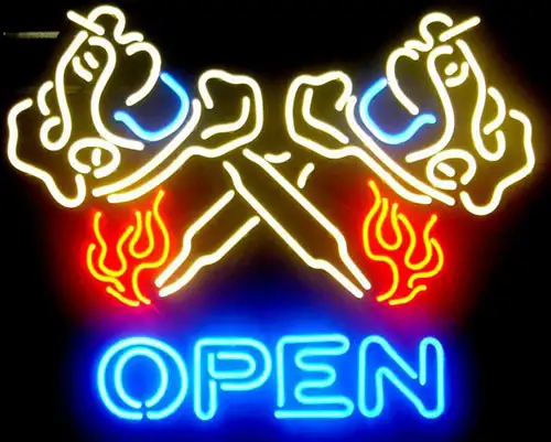 Flaming Tattoo Machine Open Neon Sign