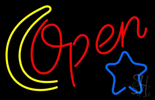 Open With Moon And Star Neon Sign