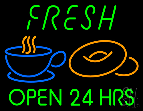 Green Fresh Open 24 Hrs Cups And Donuts Neon Sign