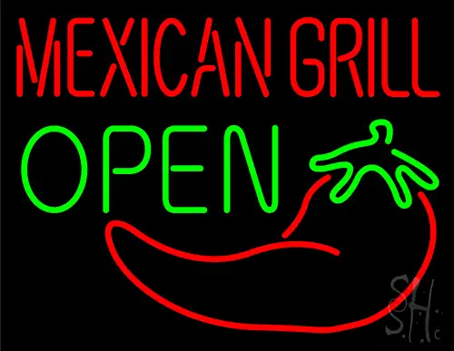 Red Mexican Grill With Chili Green Open Neon Sign