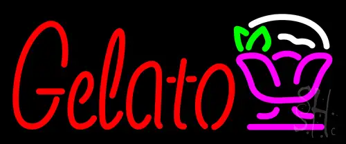 Gelato In Red Text With Dish Logo Neon Sign