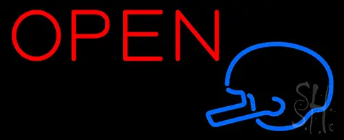 Open In Bright Red With Blue Helmet Neon Sign