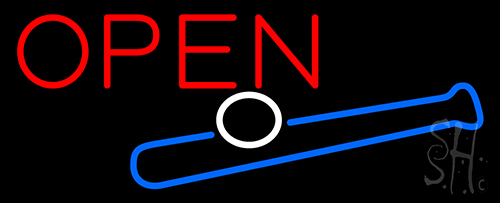 Open In Bright Red With Blue Bat And White Ball Neon Sign